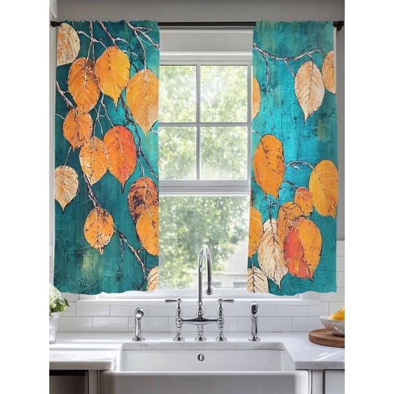Orange Leaf Sheer Curtains for Living Room Bedroom Abstract Oil Painting Branch Turquoise Sheer Curtains 72 Inch Long 2 Panels Set Light Filtering Curtain Window Treatments Drapes for Dining Room