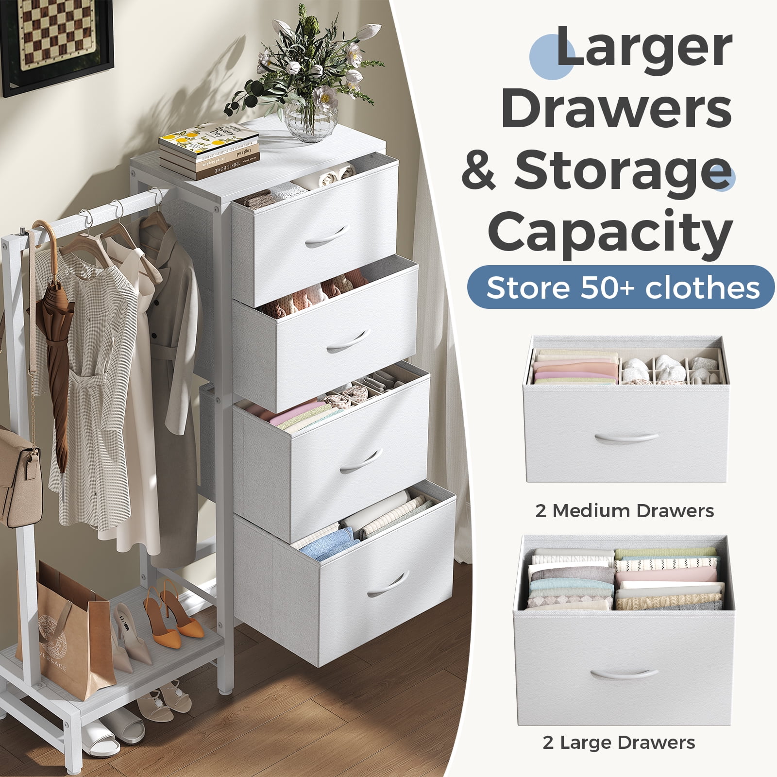 CONCETTA 4 Drawers Dresser with Hanging Rack, 44-inch Tall Reversible Fabric Chest, Bedroom Storage Tower, White