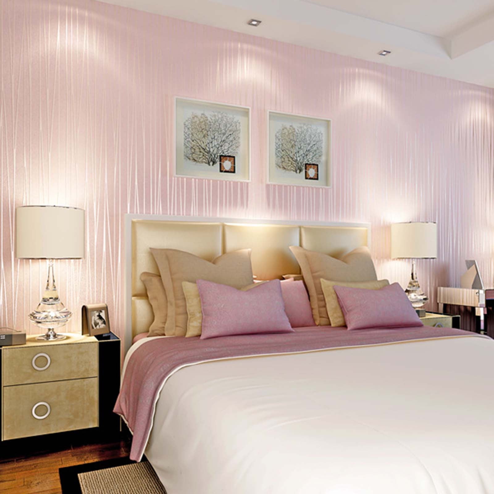 kchsji 53x1000cm Modern Non-Woven Wallpaper Roll Glitter Stripe Textured Flocking Striped Wallcoverings For Bedroom Living Room Pink
