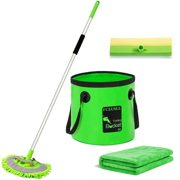 FCLUSLL 62 Inch Long Handle Car Wash Brush Mop, for Cars, Trucks, SUV, RV, Boat, Cleaning Kit 2-in-1 Snowflake Ultra-fine Fiber Sponge Duster, Car Wash Kit, Water Bucket, Easy to Use