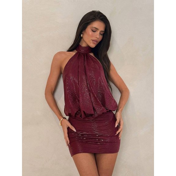 Burgundy X GloRilla High Neck Backless Ruffle Mini Bodycon Dress Club