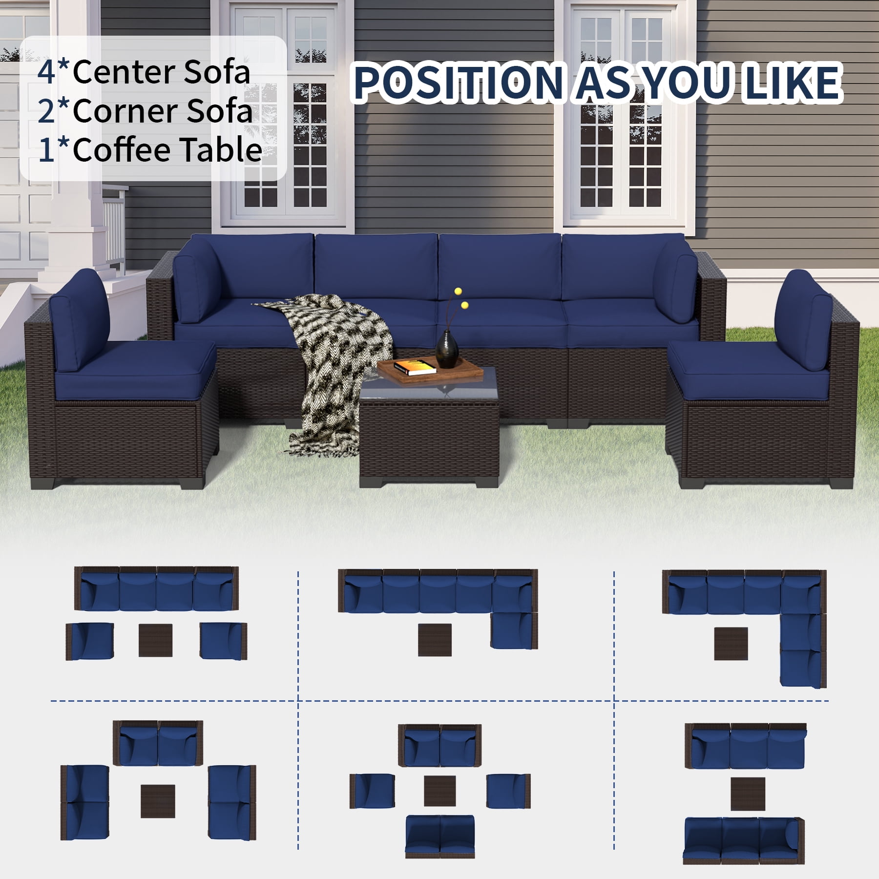 YLGJ&TIDY 7-Piece Outdoor Patio Set, All-Weather Rattan Sofa with Waterproof Cushions and Glass Table for Garden, Poolside, Navy Blue