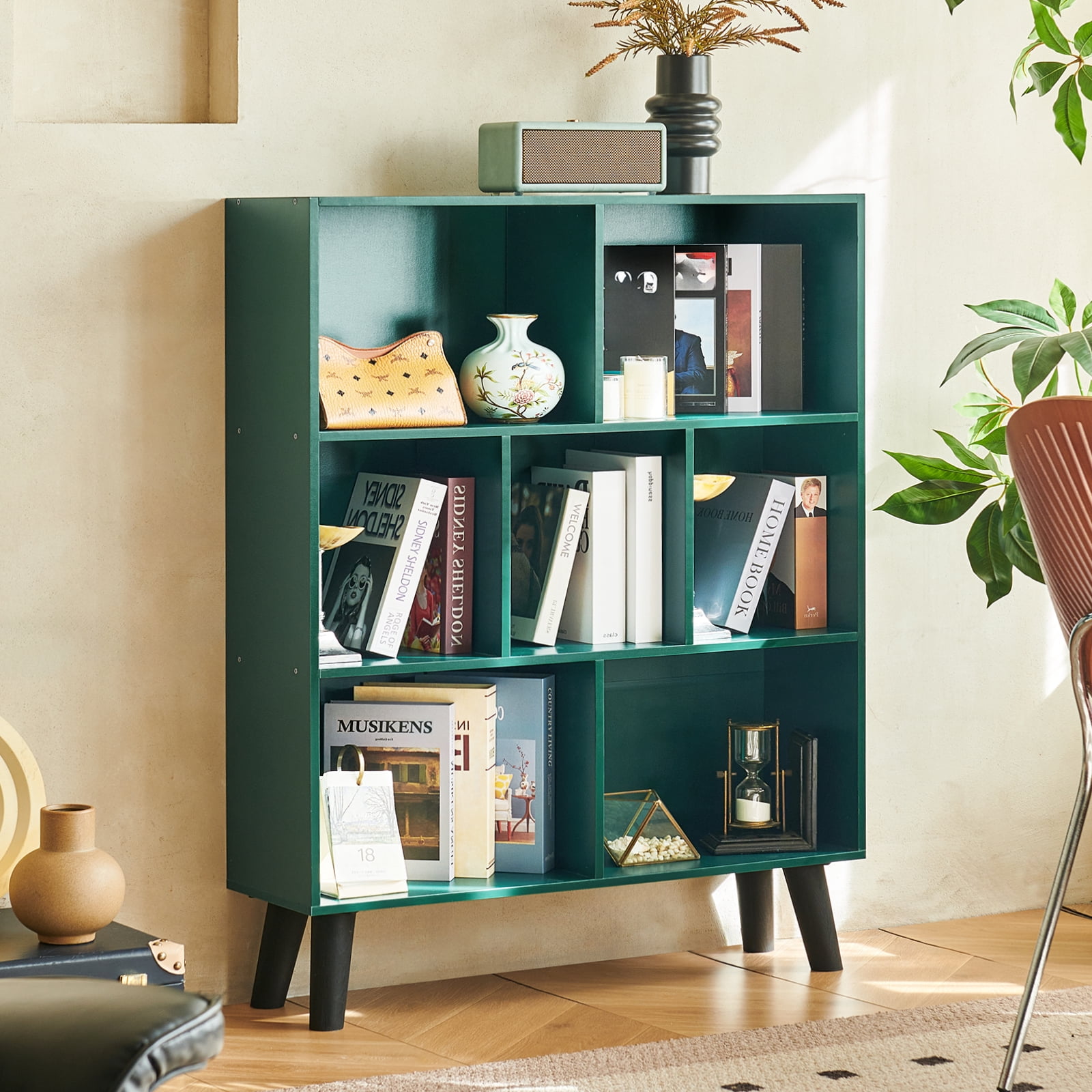 7-Cube 3-Tier Mid-Century Dark Green Bookcase with Legs, Retro Wood Storage Organizer, Freestanding Open Shelves for Bedroom, Living Room, Office
