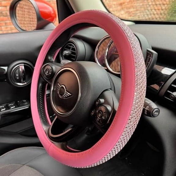 Large Size Bling Comfy Steering Wheel Cover with Jumbo Crystal Rhinestones, Anti-Slip Diamond Leather, 15.5-15.75 Inch (All Pink)