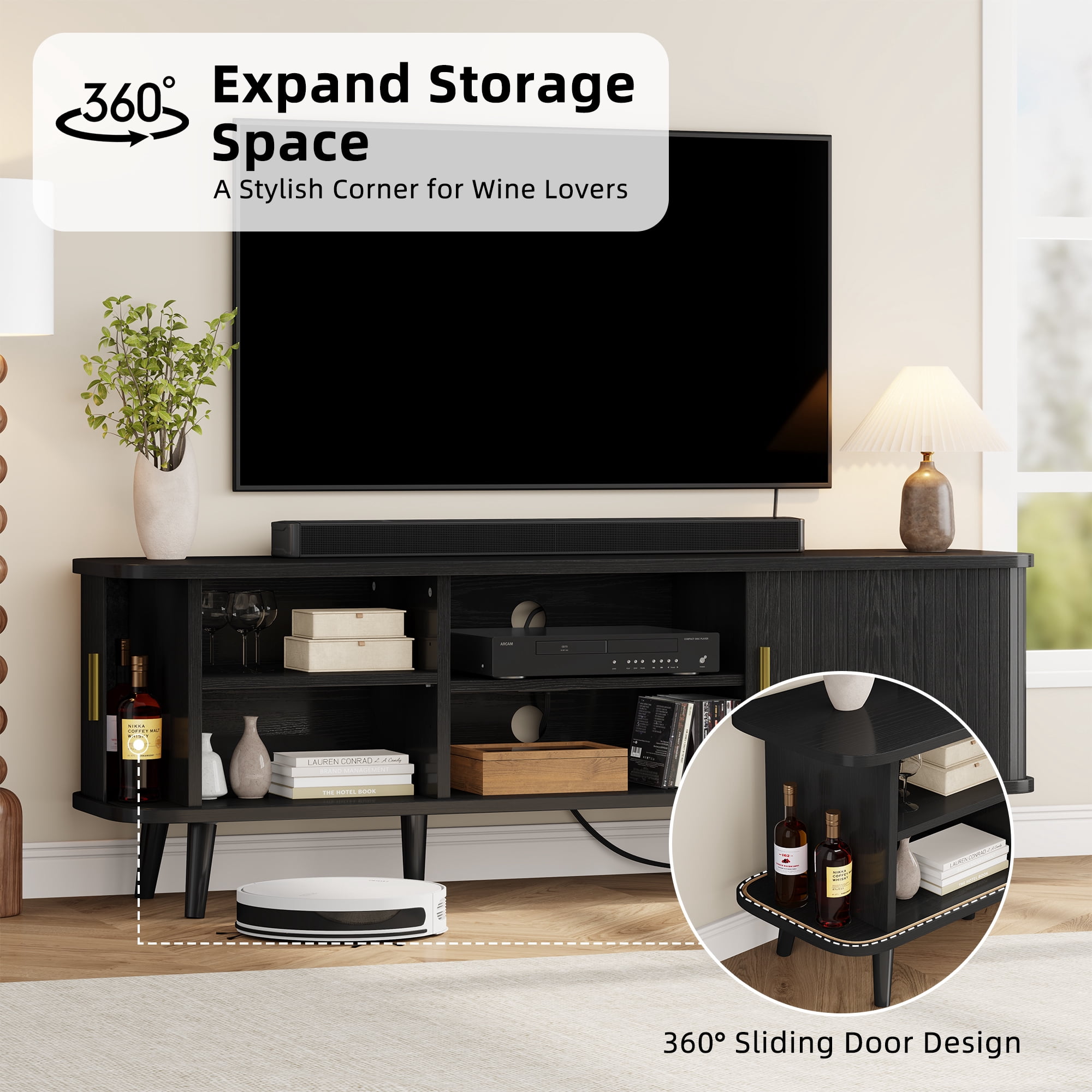 Laintene 59" TV Stand with Power Outlet for TVs up to 65 Inch, Entertainment Center with Storage and Adjustable Shelves, Modern Media Console with Sliding Doors for Living Room, Black