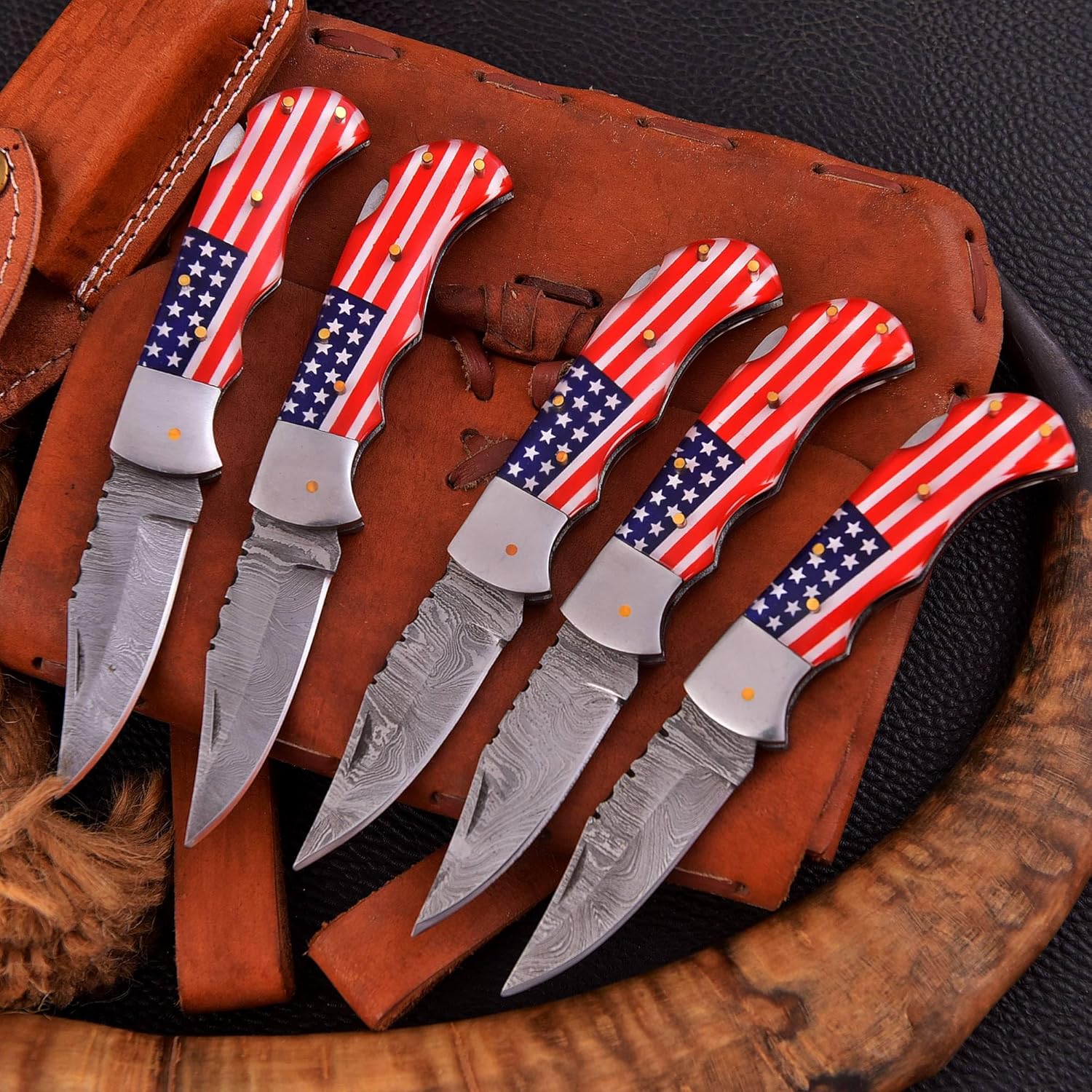 Custom Handmade Damascus Steel Folding Knife/Pocket Knife SS-17515 5 Pcs. Lot (Red and Blue Colored Resin)
