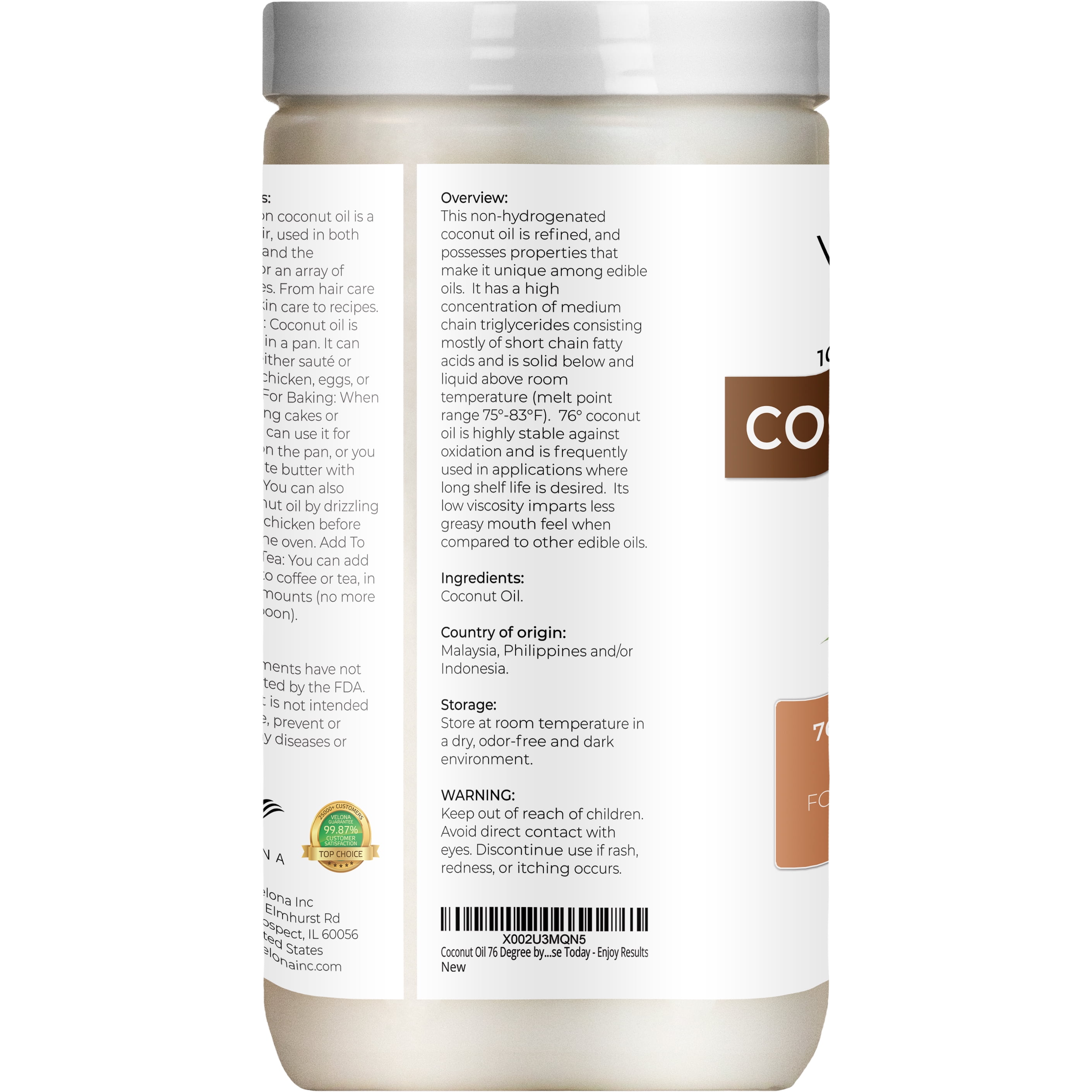 Coconut Oil 76 Degree by Velona - 32 Fl Oz | 100% Pure and Natural Carrier Oil | in jar | Refined, Cold pressed | Skin, Face, Body, Hair Care | Use Today - Enjoy Results