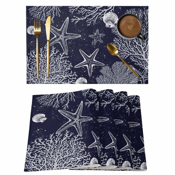 Placemats Set of 8, Navy Blue Coastal Woven Placemat, Linen Place Mats for Kitchen/Dining Tables, Starfish Coral Summer Beach Ocean Washable Table Mats for Party