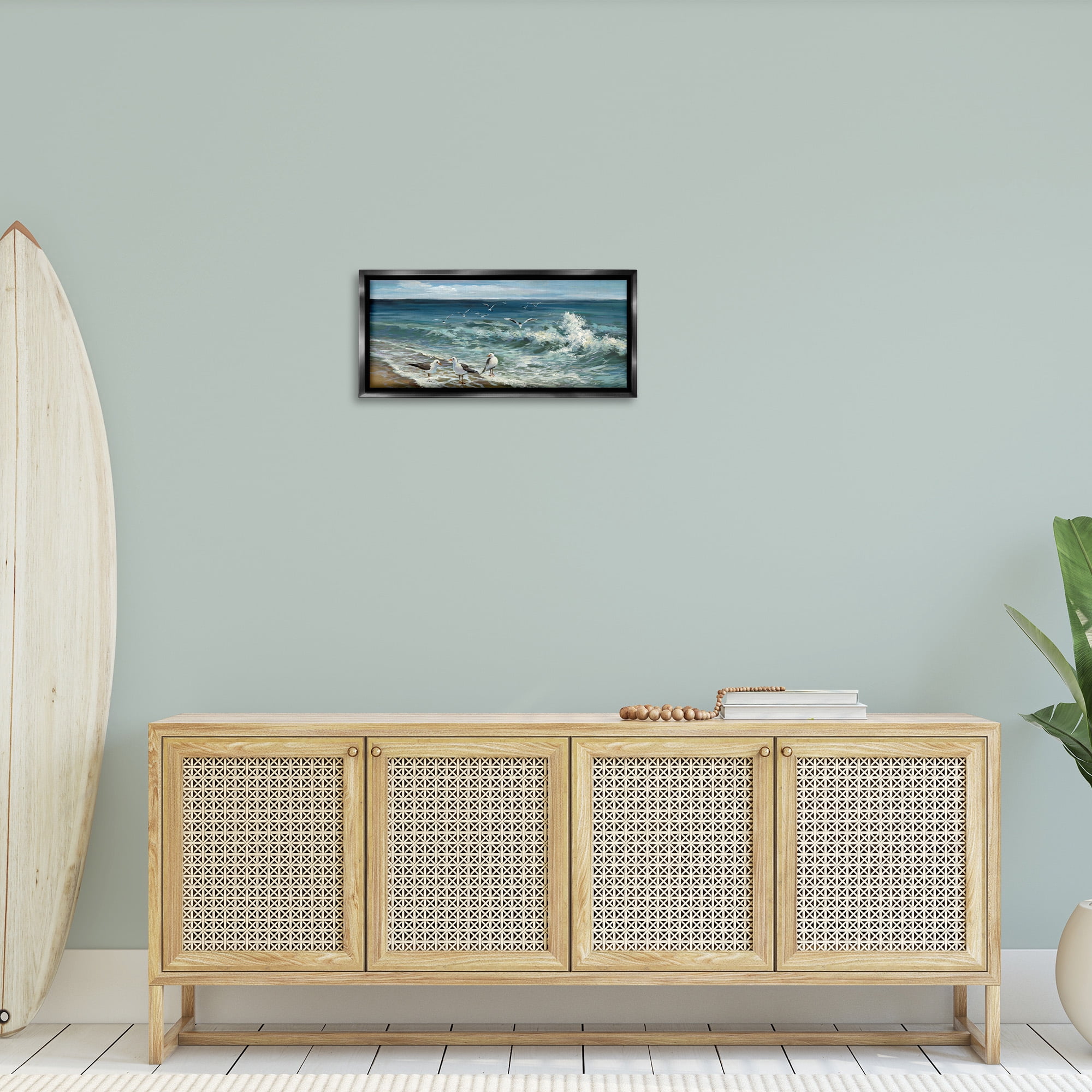 Stupell Industries Incoming Beach Tide Seagulls Nature Painting Black Floater Framed Canvas Art Print Wall Art, 25 x 11