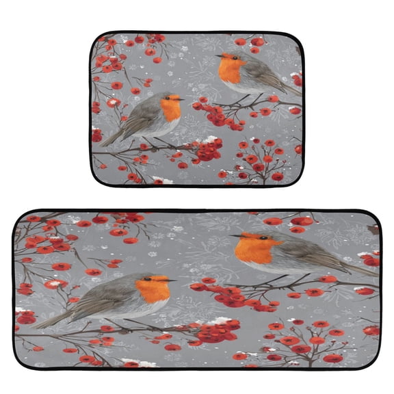 2-Piece Kitchen Rugs Set Non-Slip Mats Carpet Floor for Kitchen, Bathroom (19.7"x27.6" & 19.7"x47.2") Red Berries and Robin Birds