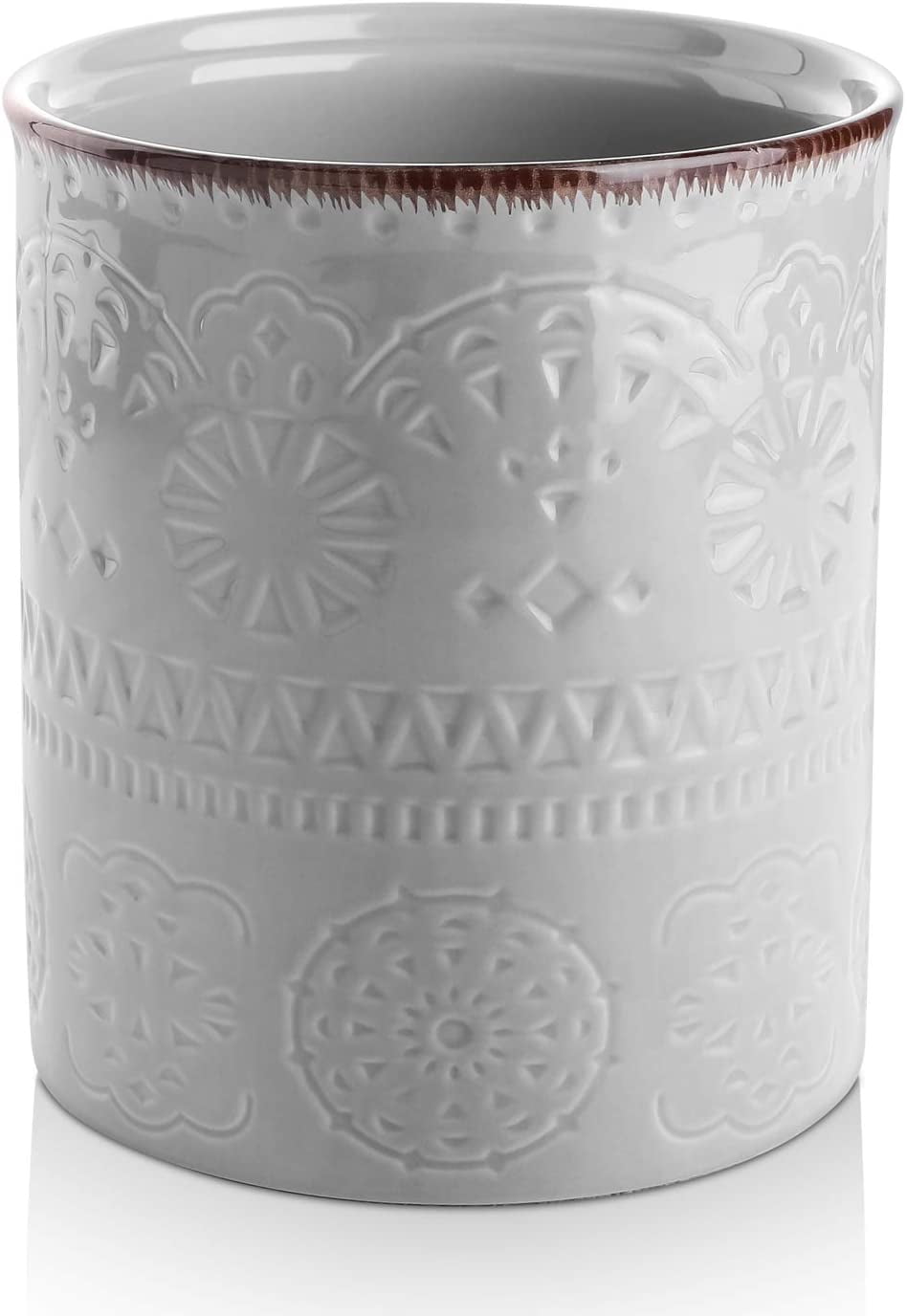 DOWAN Kitchen Utensil Holder, 7.2” Large Utensil Holders for Countertop, Heavy Ceramic Utensil Crock, Anti Slip & Scratch Cork Bottom, Gray Utensil ...