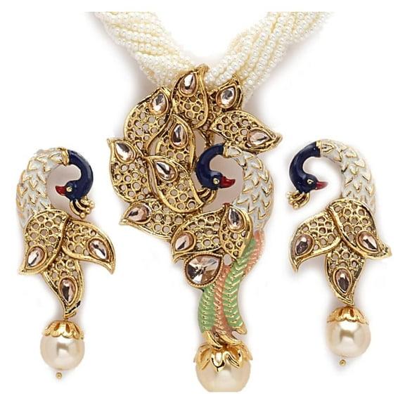 Elegant Traditional Stylish Ethnic Designer Wear Gold Plated Stone Studded Off White Pearl Beaded Meenakari Peacock Style Necklace Set with Earrings(BJPCK130 Cpy2)