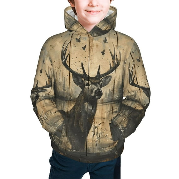 Youth Hoodies Sweashirts Kids Hooded Sweatshirt, Deer Vintage Camo Art Black