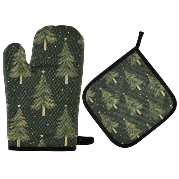 Yayeee Oven Mitts and Pot Holder Set of 2 Heat Resistant Kitchen Gloves Baking Hot Pad, Hand Drawn Christmas Trees
