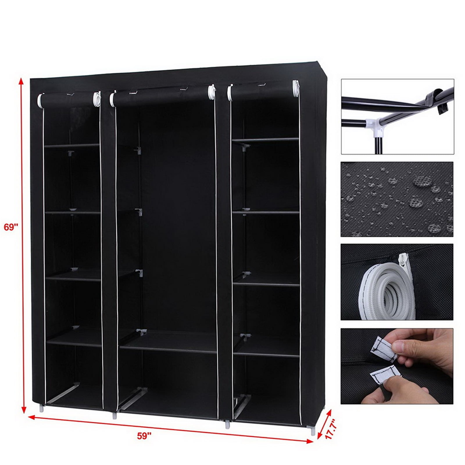 Portable Clothes Closet Wardrobe Storage Organizer with Non-Woven Fabric Quick and Easy to Assemble Extra Strong and Durable Black