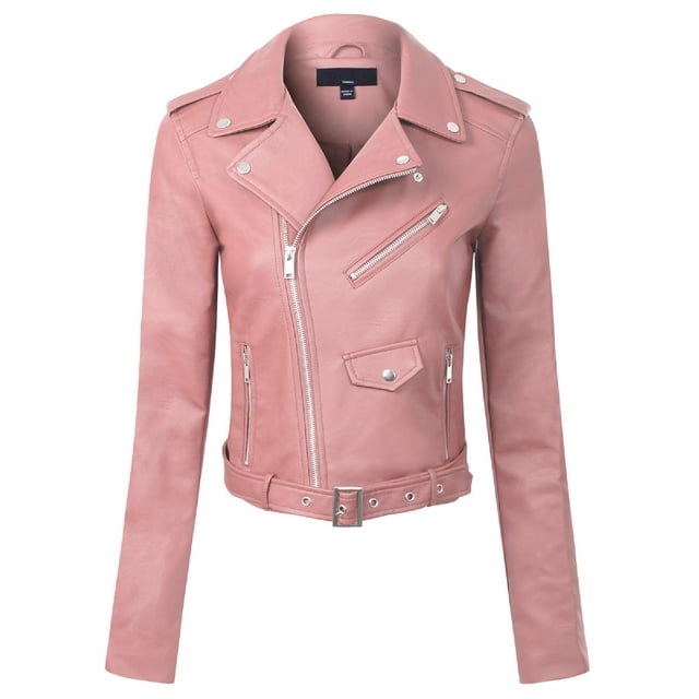 Made by Olivia Women's Classic Slim Fit Faux Leather Zip Up Biker ...