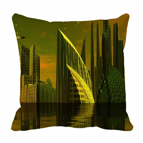YUSDECOR Modern Alien City Computer Artwork Bed Decor Pillow Cases Zippered Cushion Cover Size 20x20 Inches