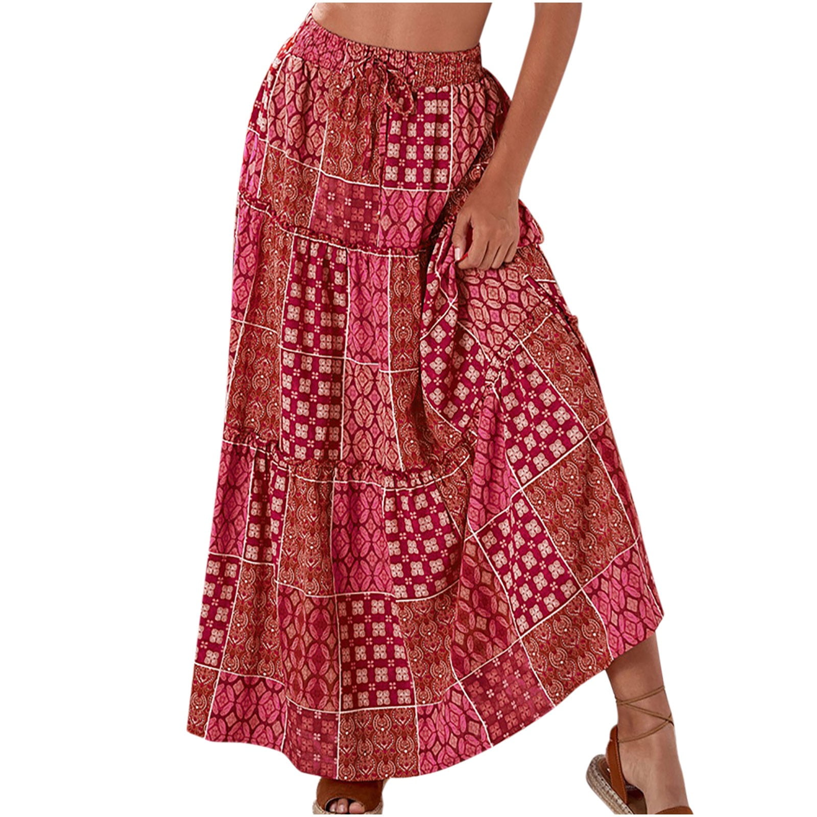 Women's Boho Maxi Skirts Elastic Waist Drawstring Ruffle Tiered Skirt