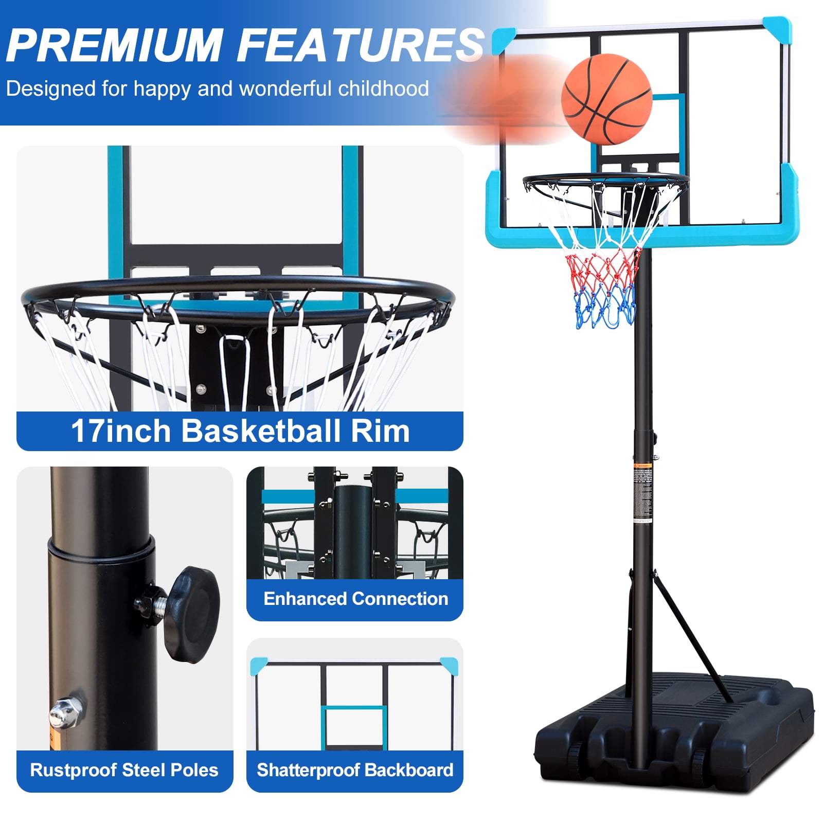 Aukfa Portable Basketball Hoop Adjustable Height 4ft - 6.5ft Backboard for Kids Adults Indoor Outdoor - Blue