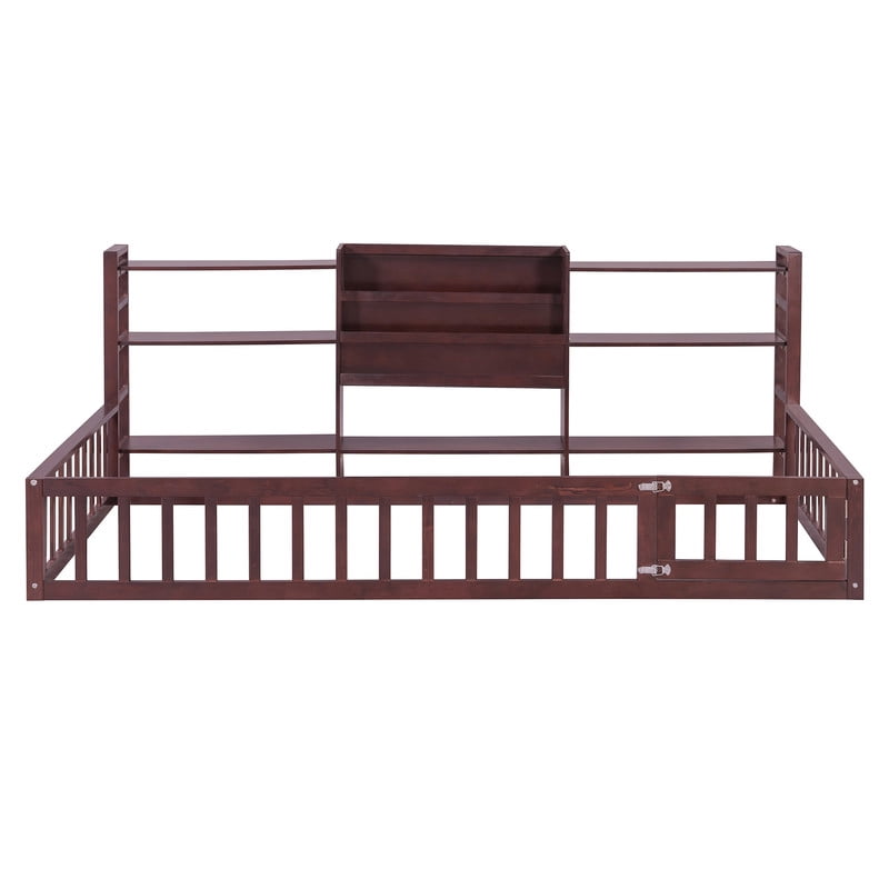 Twin Size Floor Bed with Integrated Bookcase and 3-Tier Storage Shelves, Low Profile Wood Toddler Bed Montessori Bed with Safety Guardrails for Boys Girls