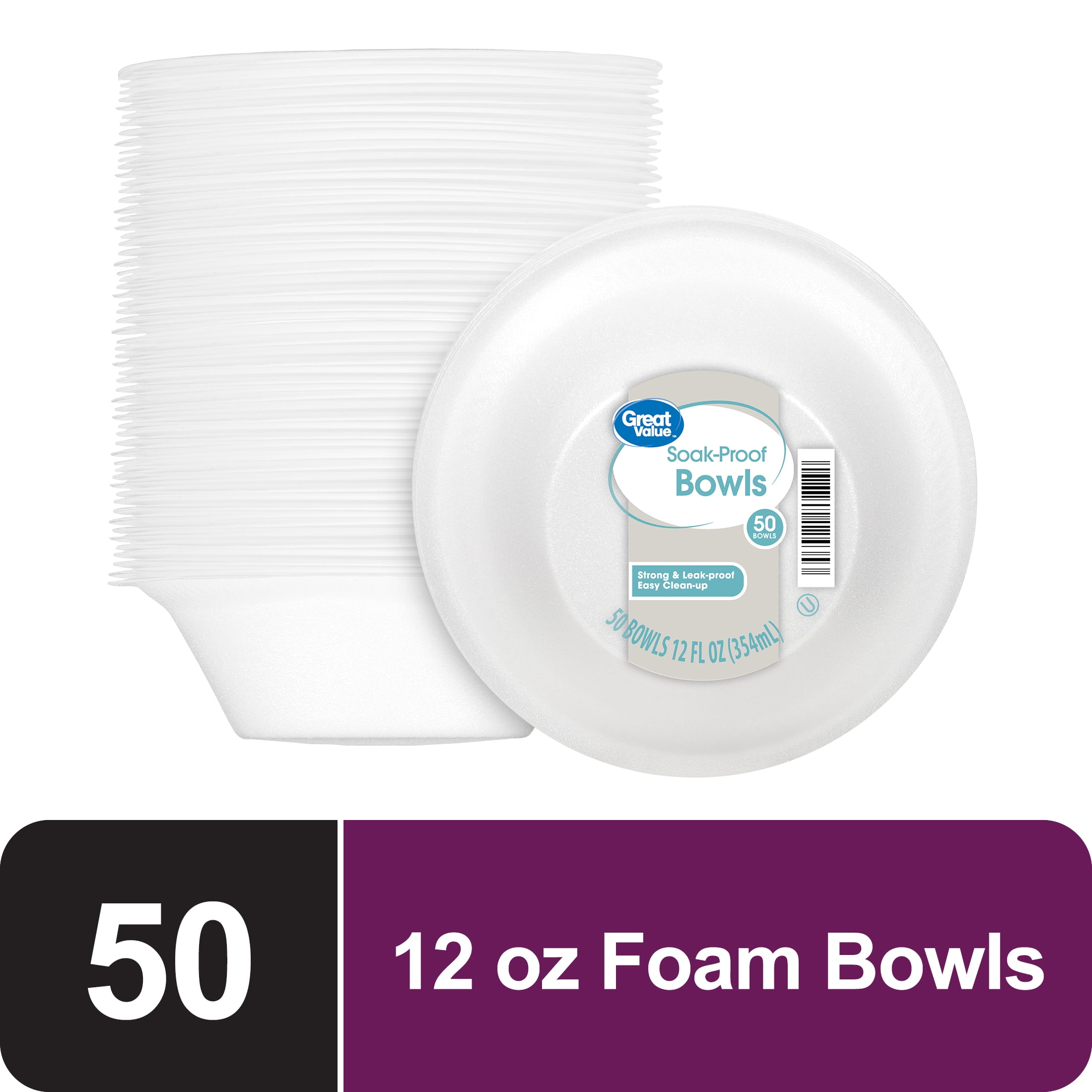 (4 pack) Great Value Everyday Disposable Foam Bowls, 12 oz, 50 Ct