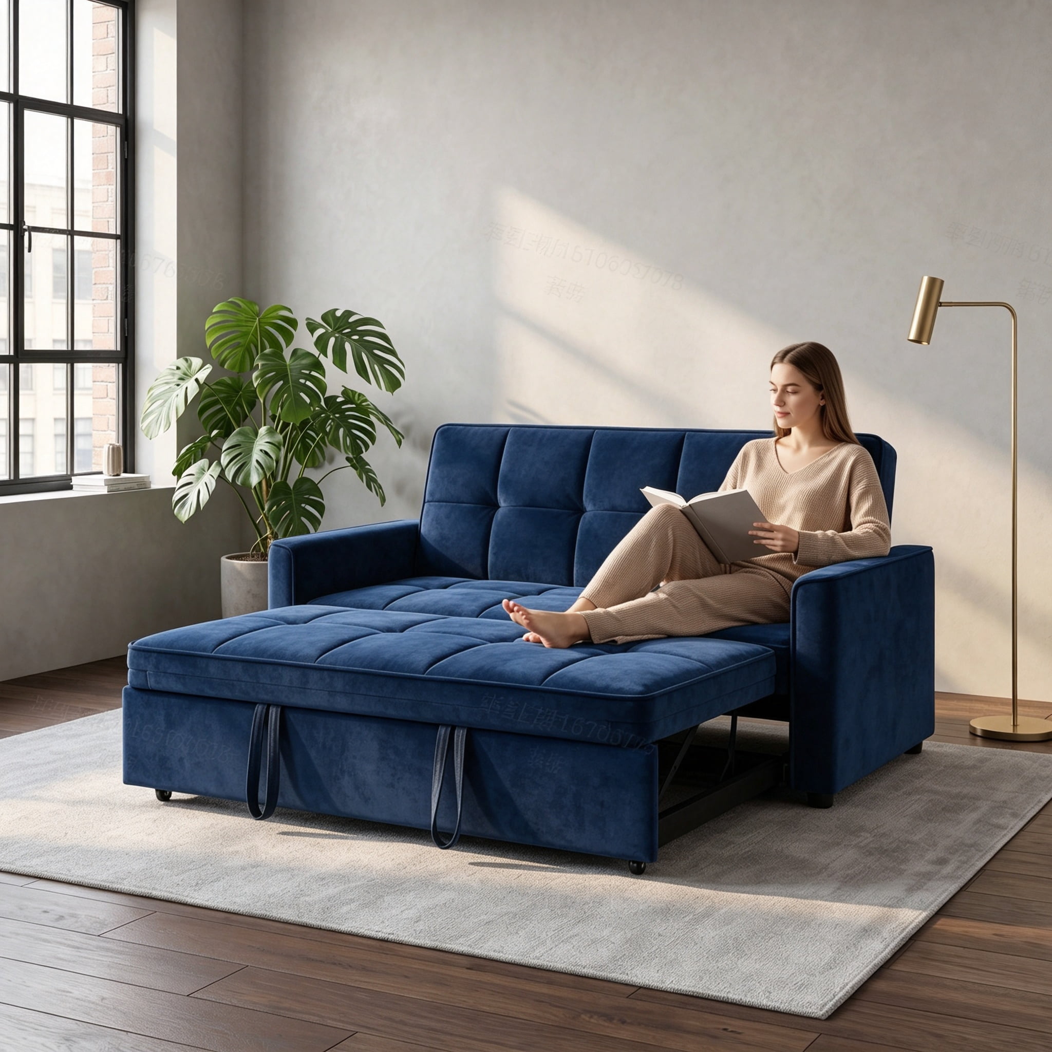54" Convertible Sleeper Sofa Bed, Modern Velvet 3-in-1 Pull Out Loveseat Couch with 5-Position Backrest & Side Storage Pocket for Living Room, Blue