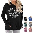 thumbnail image 2 of Jersey de cuello redondo para mujer, jersey de manga larga transpirable con patrón de alfabeto, Tops para mujer con bolsillo para uso diario, negro XL, 2 of 6