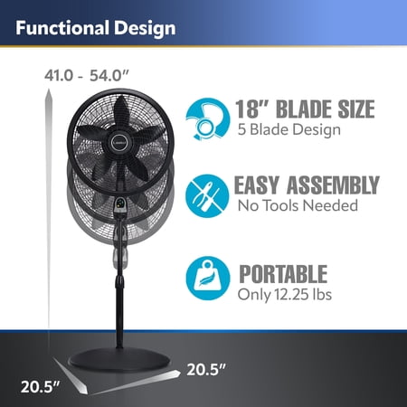 Lasko Cyclone 18 Oscillating Pedestal Fan with Remote, 3 Speeds, 54 H, Black, 1843, New
