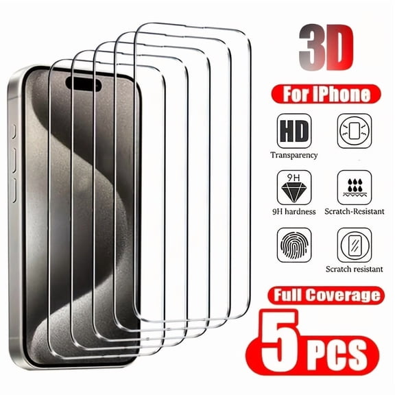 (5 Pack) Silk‑Printed 3D Full Coverage Tempered Glass Screen Protector 9H Hardness HD Clear Anti‑Scratch Case‑Friendly for iPhone