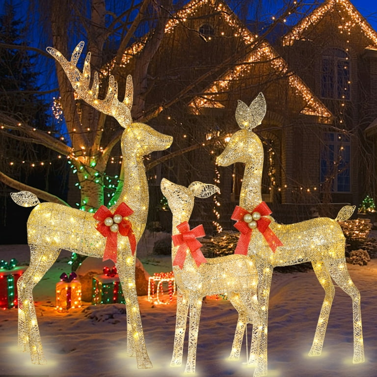 Lighted Christmas Decoration Deer 3 Piece HOYECHI Light up Christmas Decor Reindeer Family Set for Indoor Outdoor Front Yard Porch with LED Lights Plug Ground Stakes Gold Walmart
