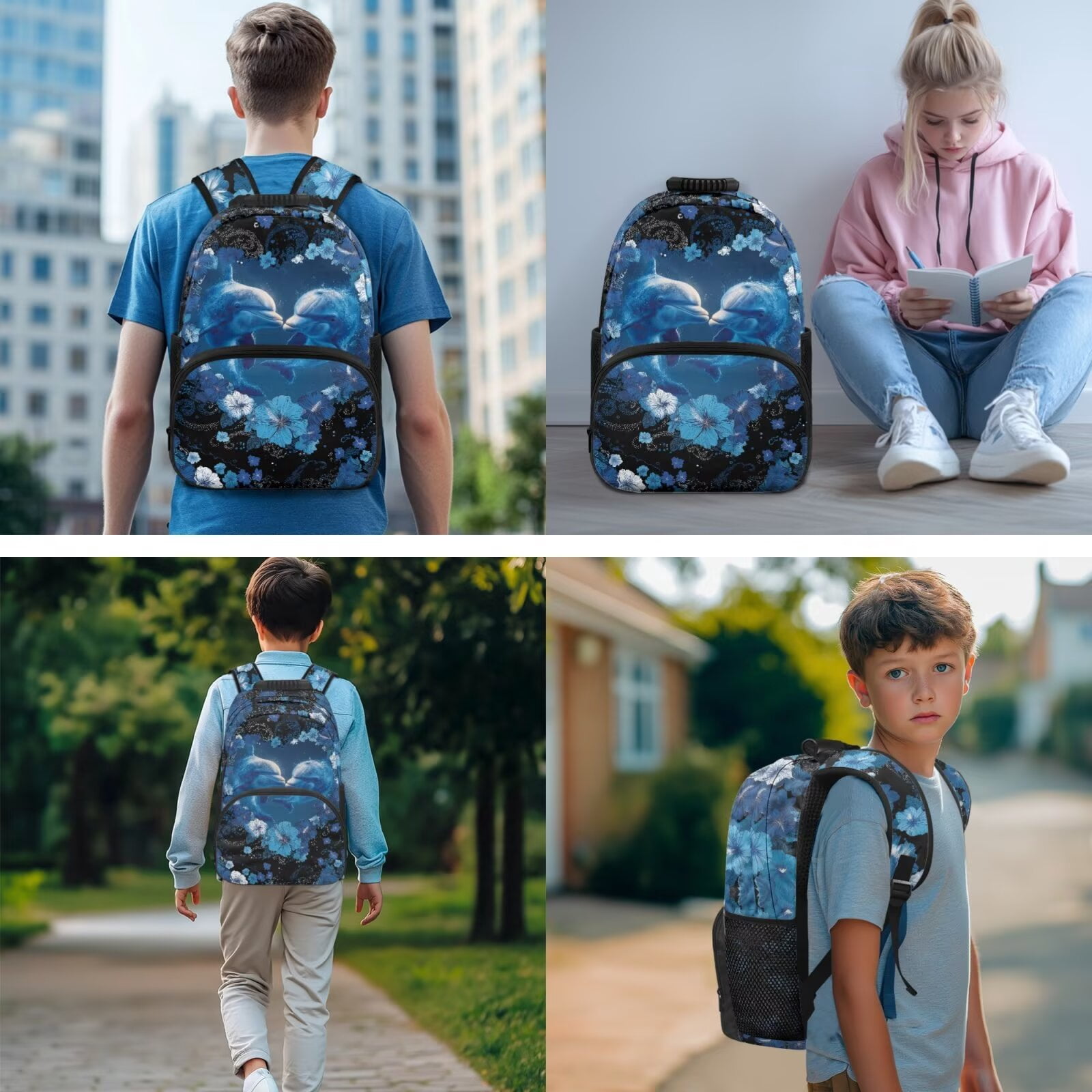 Pzuqiu Blue Floral Dolphin 4 Piece School Backpack Set Backpacks for Teens Girls with Lunch Box Pencil Case 2pcs Bookmark,17 Inch Large Travel Rucksack Schoolbag for Middle School