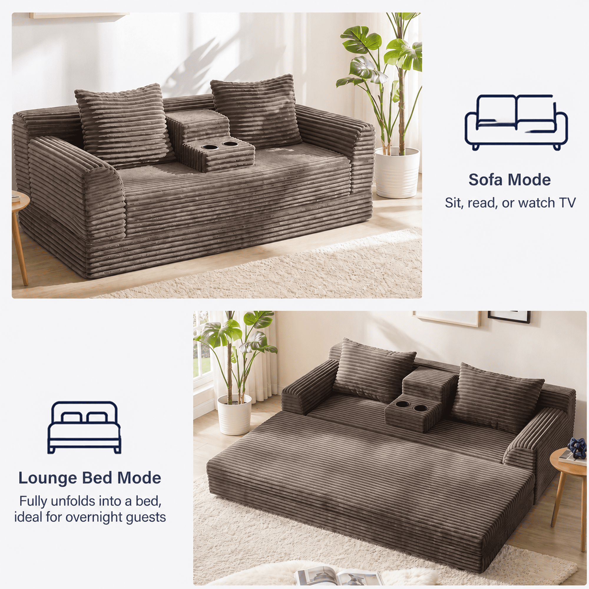 Leumius Futon Sofa Bed,Folding Boneless Couch with Cup Holders，Chenille Pull Out Sofa Bed with 2 Pillows or Living Room & Bedroom,Coffee