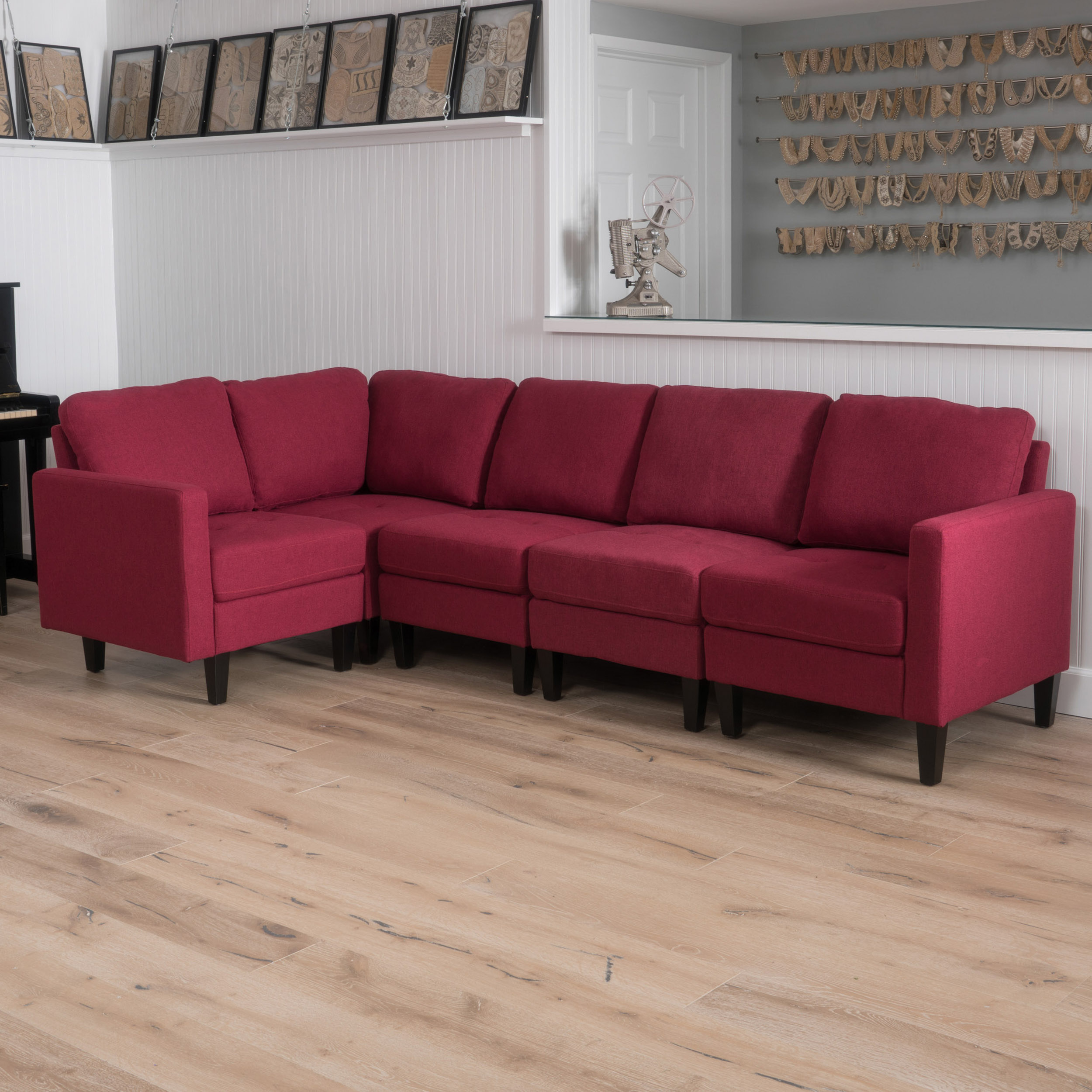 Noble House Aaron 5 Piece Fabric Sectional Couch, Deep Red