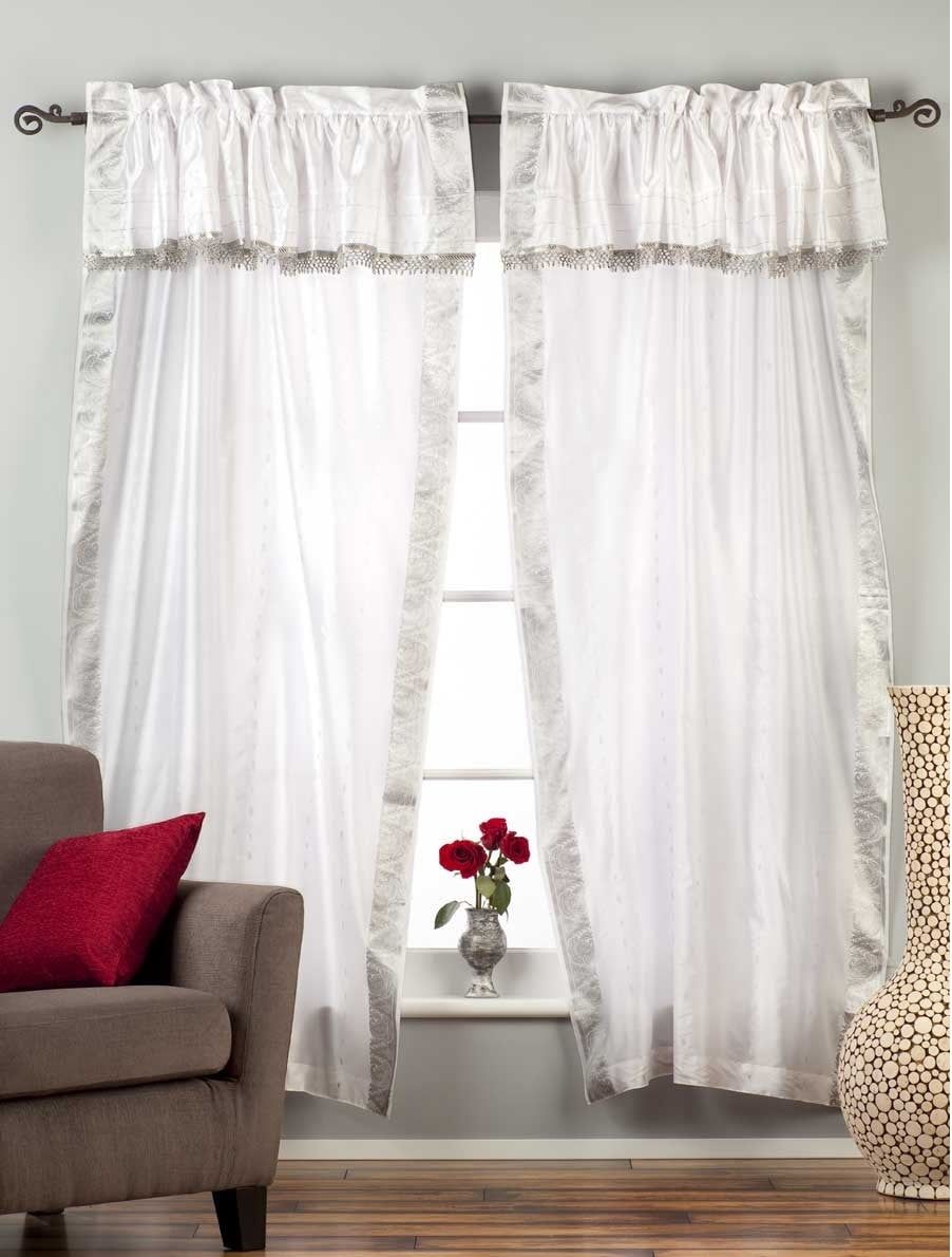 Lined 2 Gypsy Rod Pocket Curtains Beaded Valance 2 Tieback White SLV 60W X 120L