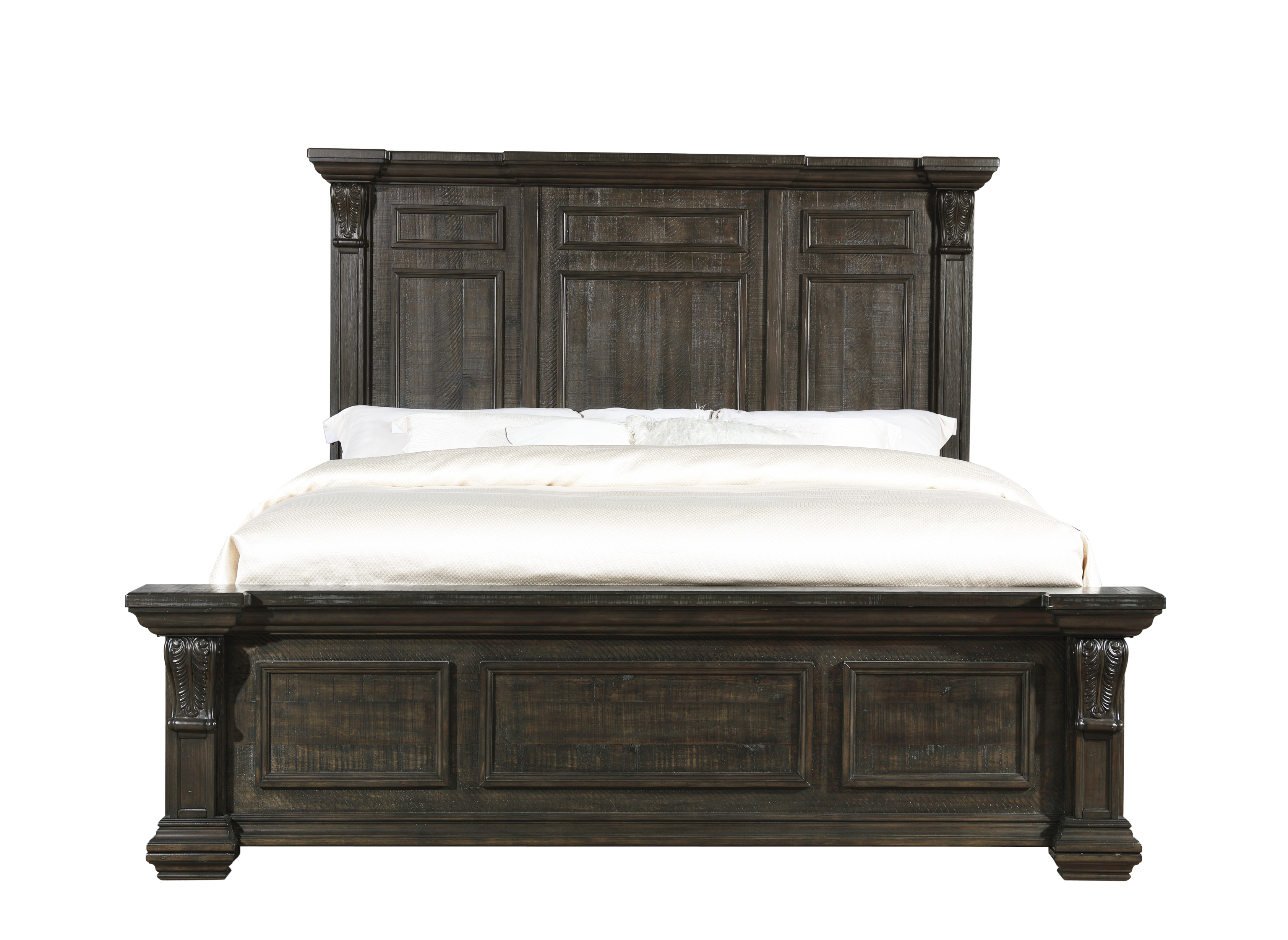 Farson Distressed Dark Walnut Finish Wood Panel Queen Bed, Dresser, Mirror, Nightstand