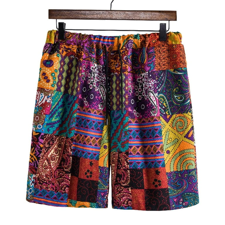 Men's Linen Short Casual Drawstring Summer Beach Floral Shorts for
