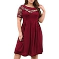 thumbnail image 2 of Plus Size Lace Chiffon Wrap Crew Neck Dresses Women Cocktail Wedding Guest Midi Dress Wine Red 4XL, 2 of 9
