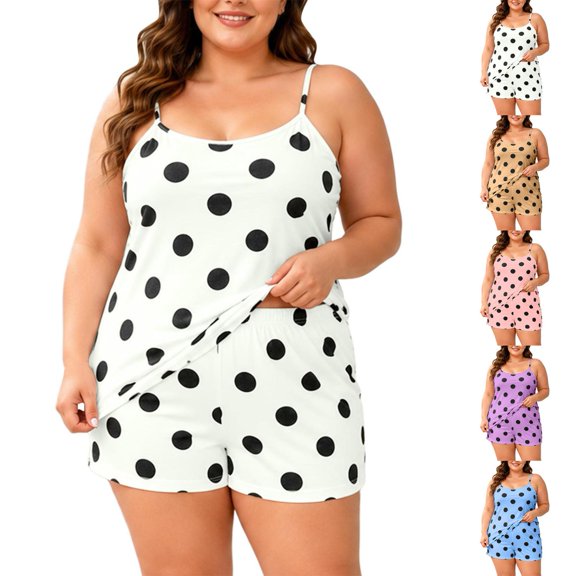 SHTXOZHI Womens Plus Size Polka Dot Printed Pajamas Set Breathable Sleeveless Cropped Sleepwear Elastic Homewear