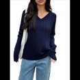 thumbnail image 1 of Suéter de Punto de Larga para Mujer, Jersey Ajustado con Cuello en V, Ropa Informal de Negocios para Otoño Azul Marino L, 1 of 7