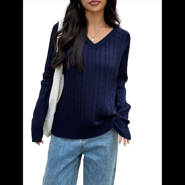 Suéter de Punto de Larga para Mujer, Jersey Ajustado con Cuello en V, Ropa Informal de Negocios para Otoño Azul Marino S