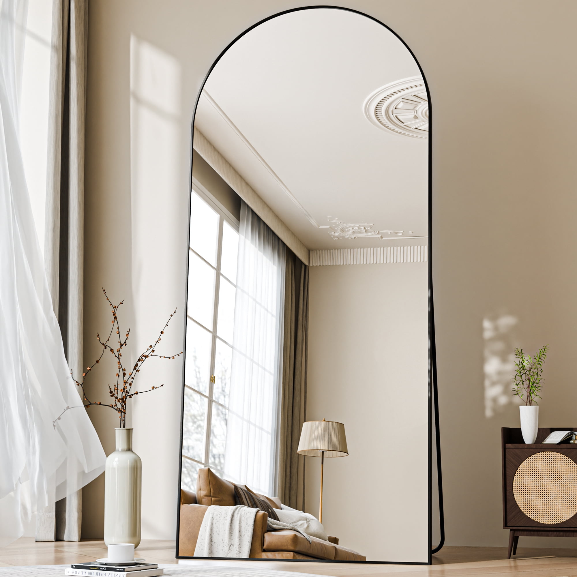 Easy4Home 78"x 35" Arch-Top Oversized Full Length Mirror Metal Frame Freestading Floor Mirror, Black