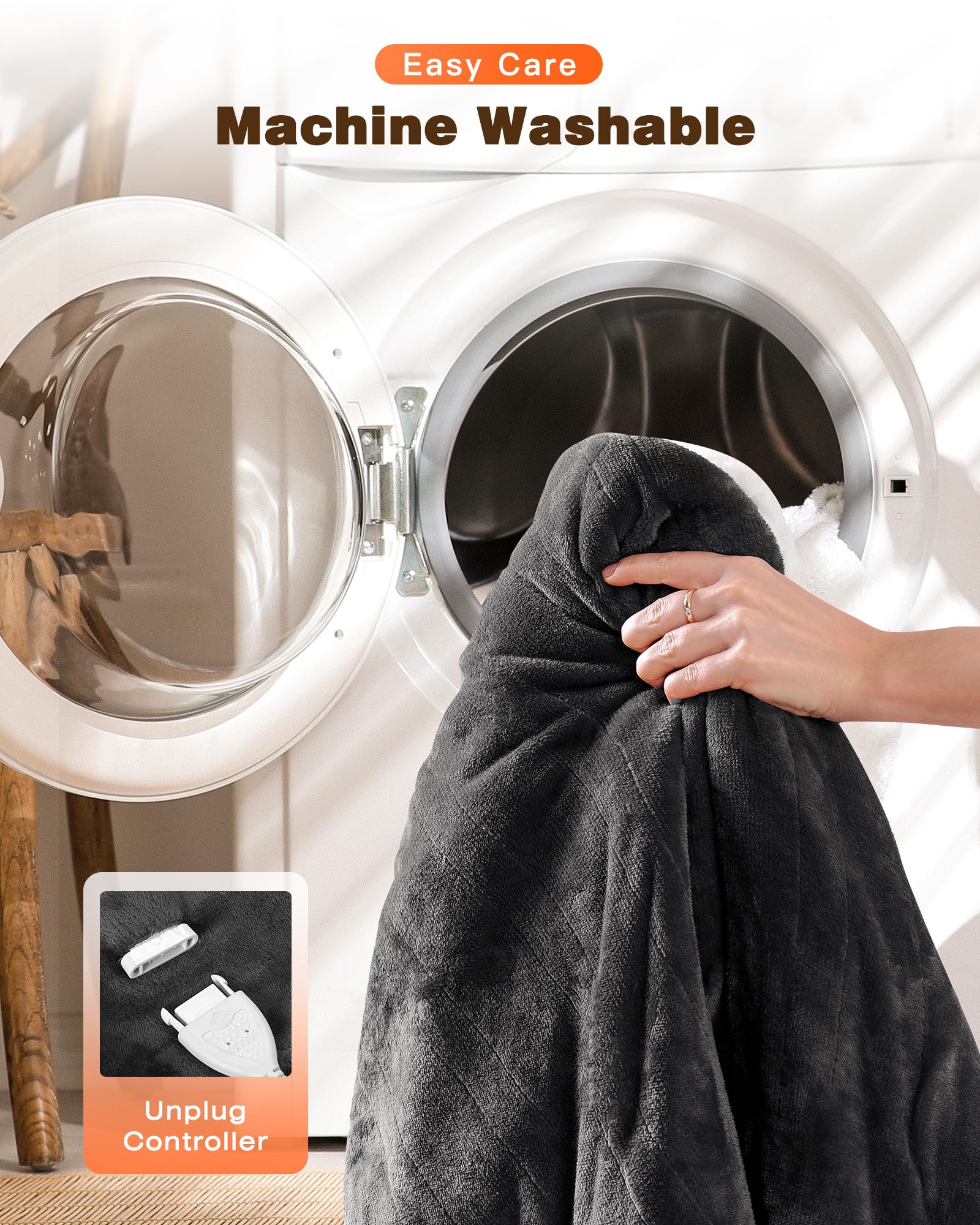 Ocuuziisu Electric Throw Blanket with Pockets and Hood, 50" x 70" Flannel and Sherpa Electric Wrap, 6 Heating Levels, 4-Hour Auto Shut Off, Machine Washable, Grey