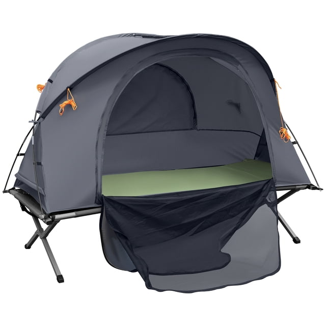 Outsunny Camping Tent Cot, Multifunctional Folding Tent Combo, Portable Off-Ground Tent Shelter with Self-Inflating Air Mattress and Carry Bag for 1 Person