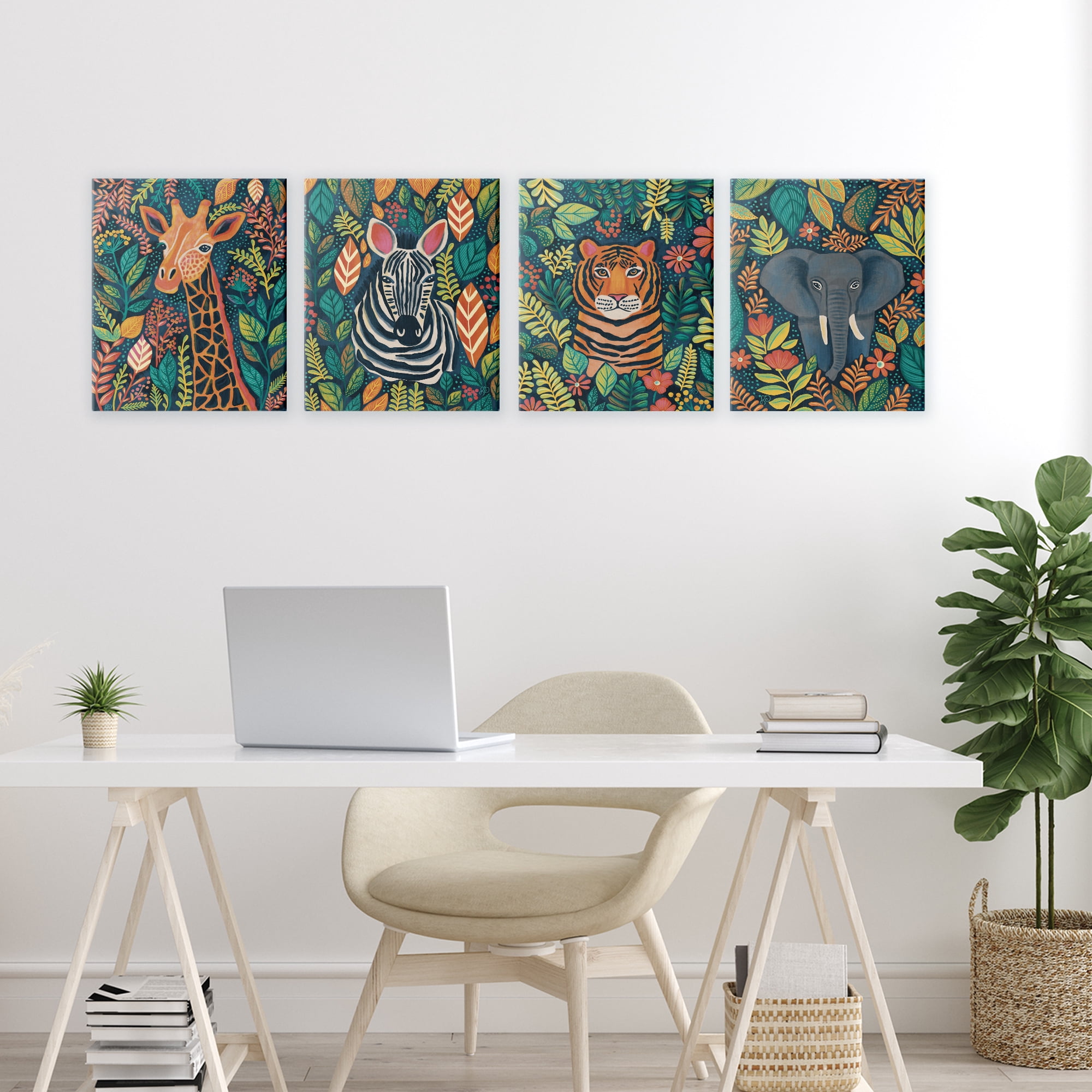 Stupell Industries Jungle Leaf Pattern Animals 4 Piece Canvas Wall Art Set, design by Lisa R Dumm