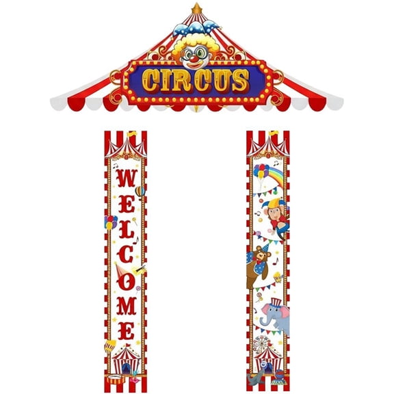 Wiywef 3Pcs Carnival Circus Porch Banner Set - Party Awning Hanging Decorations, Welcome Door Banners for Birthday Baby Shower Circus Theme Party Supplies
