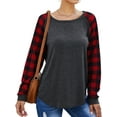 thumbnail image 4 of Women Round Neck Long Sleeve Splicing Plaid Top, 4 of 9