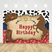 7x5ft Cowboy Happy Birthday Backdrop Wild West Rodeo Cowboy Birthday Party Decorations Black White Cow Print Blue