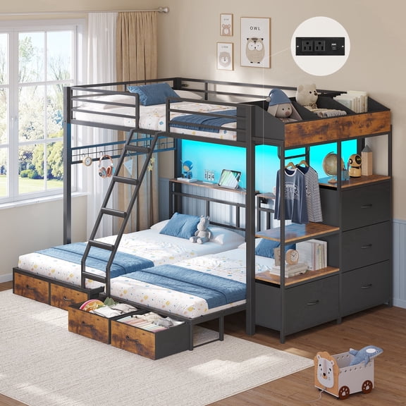 Triple Bunk Bed with 8 Storage Drawers, LED Lights and Charging Station, Full over Twin over Twin Bunk Beds with Headboard, Guardrails & Ladder, Metal Triple Bunk Bed Frame for 3 Teens/Adults, Black