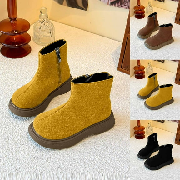 Miluxas Girl Boots Kids Mid Calf Boots Solid Casual Leather Booties Snow Boots for Little Kids/Big Kids Fall Winter Fashion Yellow 2 M(36)