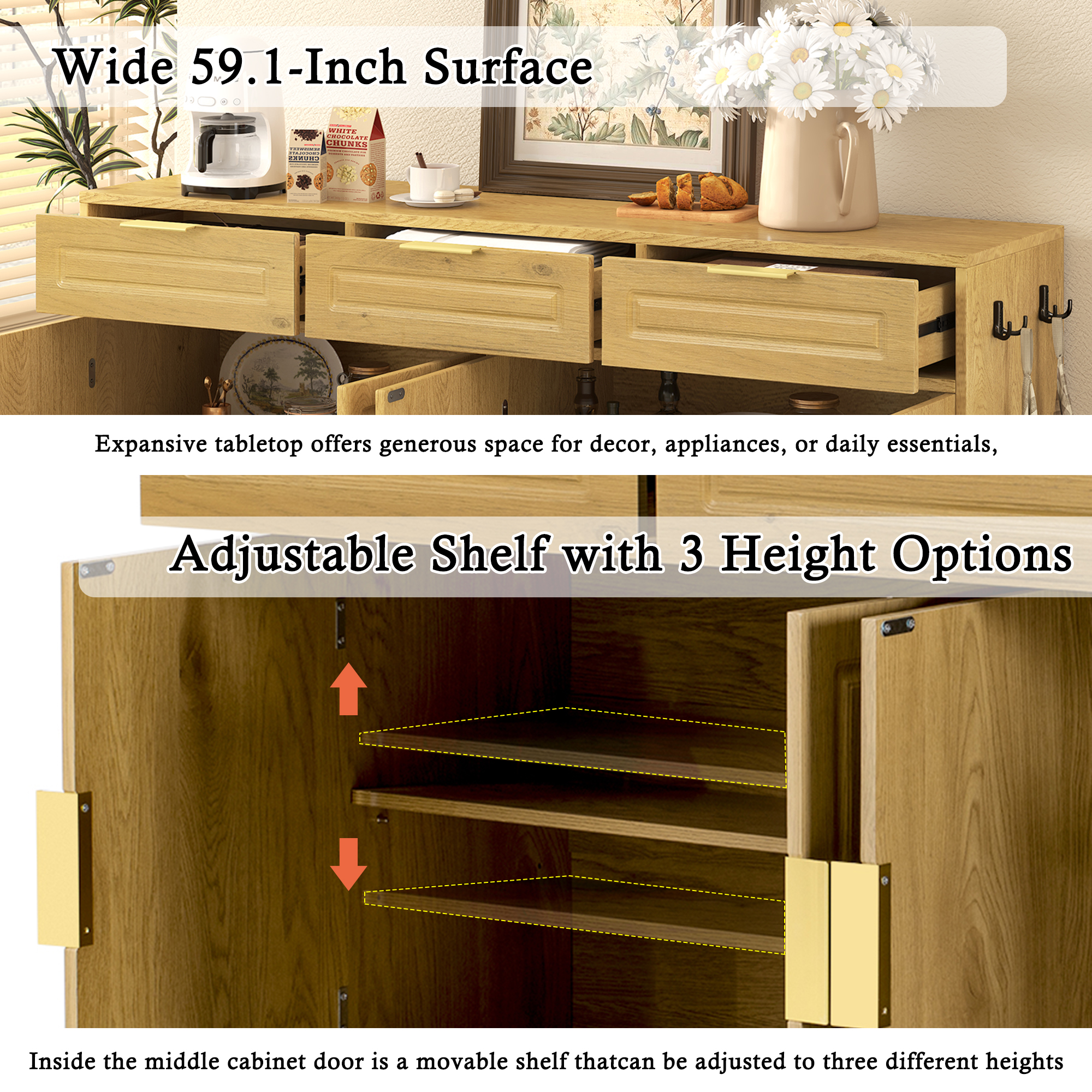 Aukfa 59.1" Sideboard Buffet Cabinet,Large Storage Cabinet with 3 Drawers & Adjustable Shelf,Natural